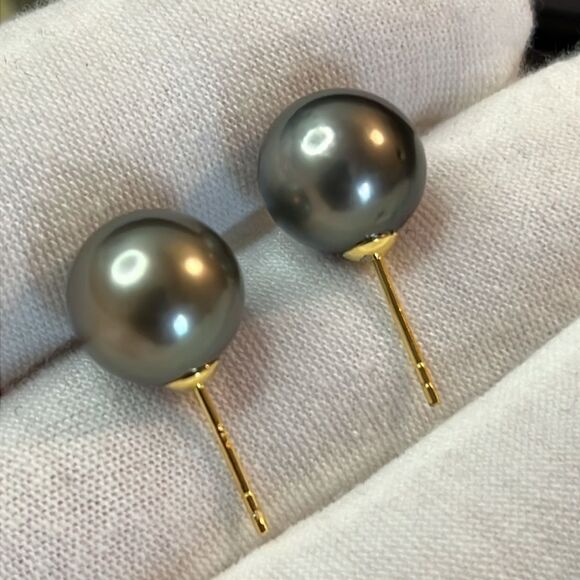 Tahitian Pearl in Vermeil Yellow Gold over 925 Silver Stud Earrings 8-9mm - Picture 6 of 12